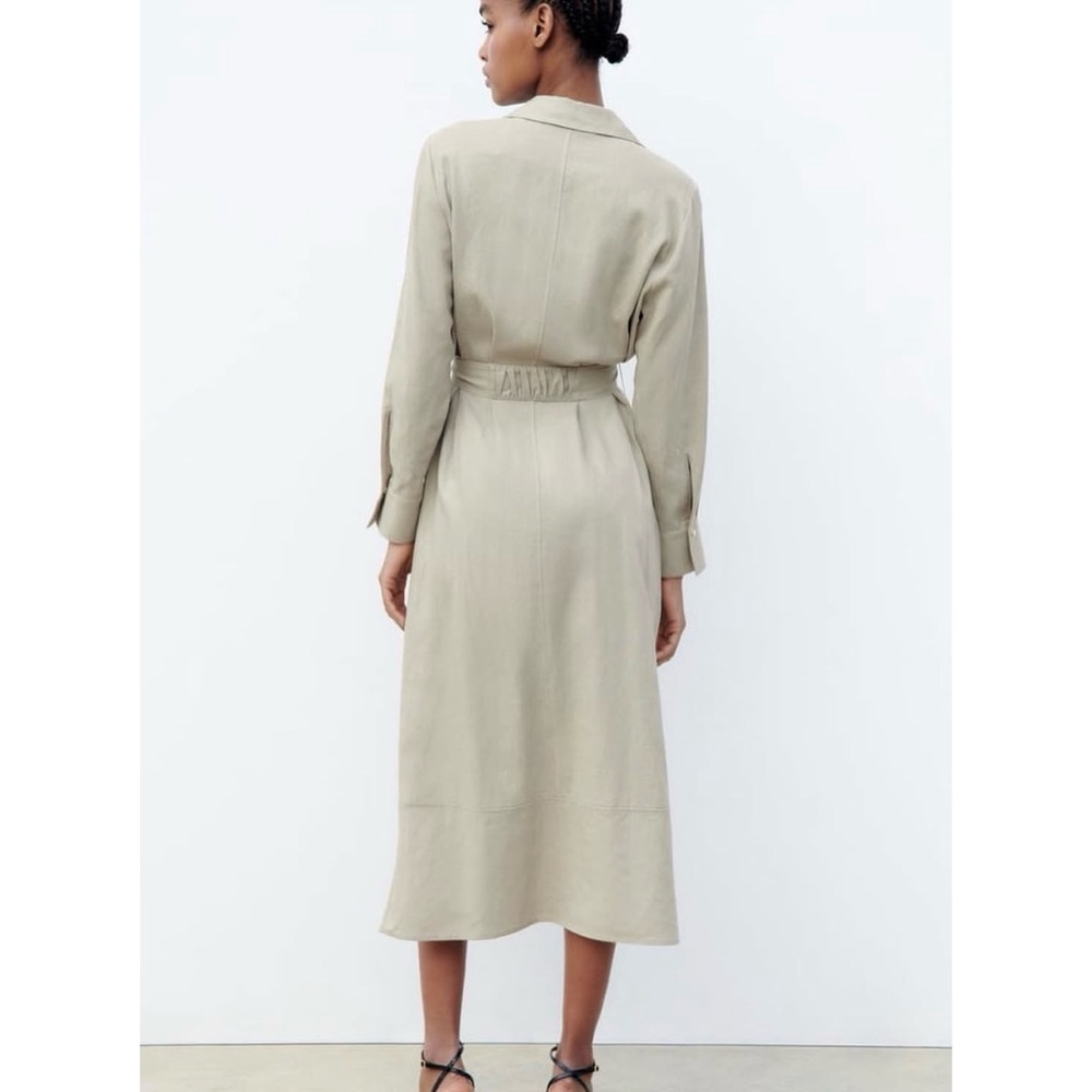 NWT Zara Linen Blend Long Sleeve Gold Buttondown Shirt  Khaki Tan Midi Dress M - Picture 12 of 14